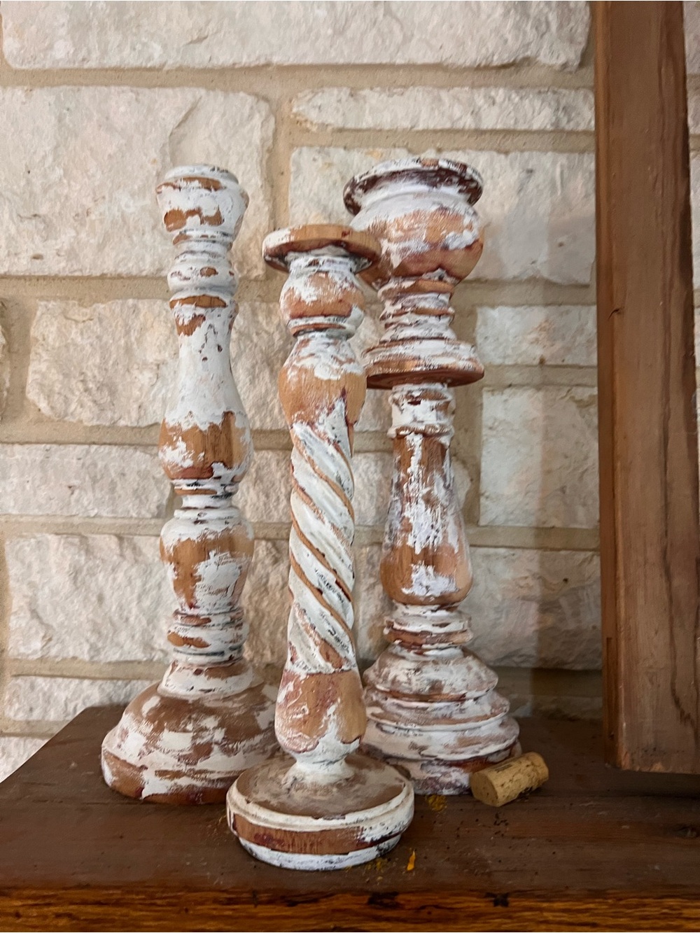 Distressed White and Natural Brown Wooden Candlestick Set - Farmhouse Trio